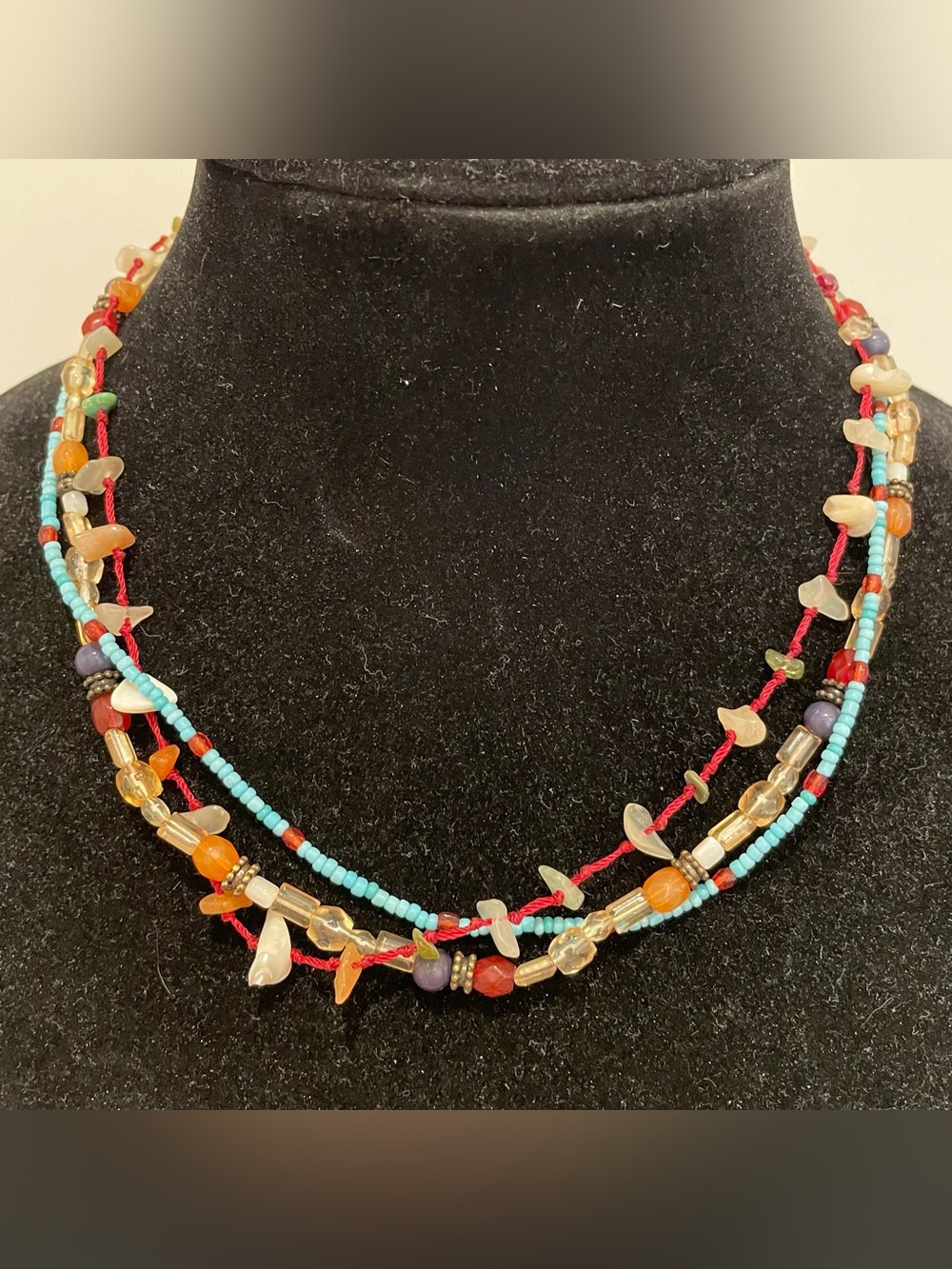 Multicolor Beaded Gemstones Three Layered Necklace Excellent Shape